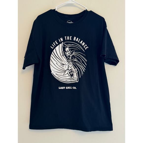 Last Call Co Shirt Men’s Size Medium Black Tee Grim Reaper Life In The Balance - Picture 1 of 3